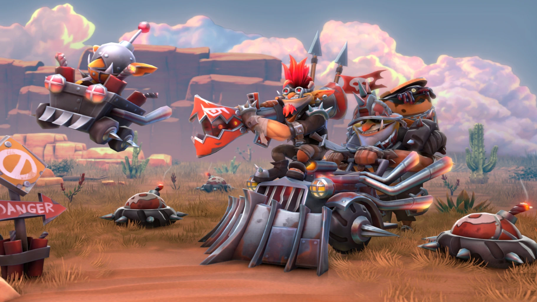 The loading screen for the War Rig Eradicators skin set for Techies in Dota 2