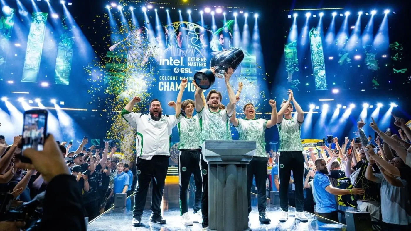 Team Falcons with the IEM Cologne Major 2026 trophy